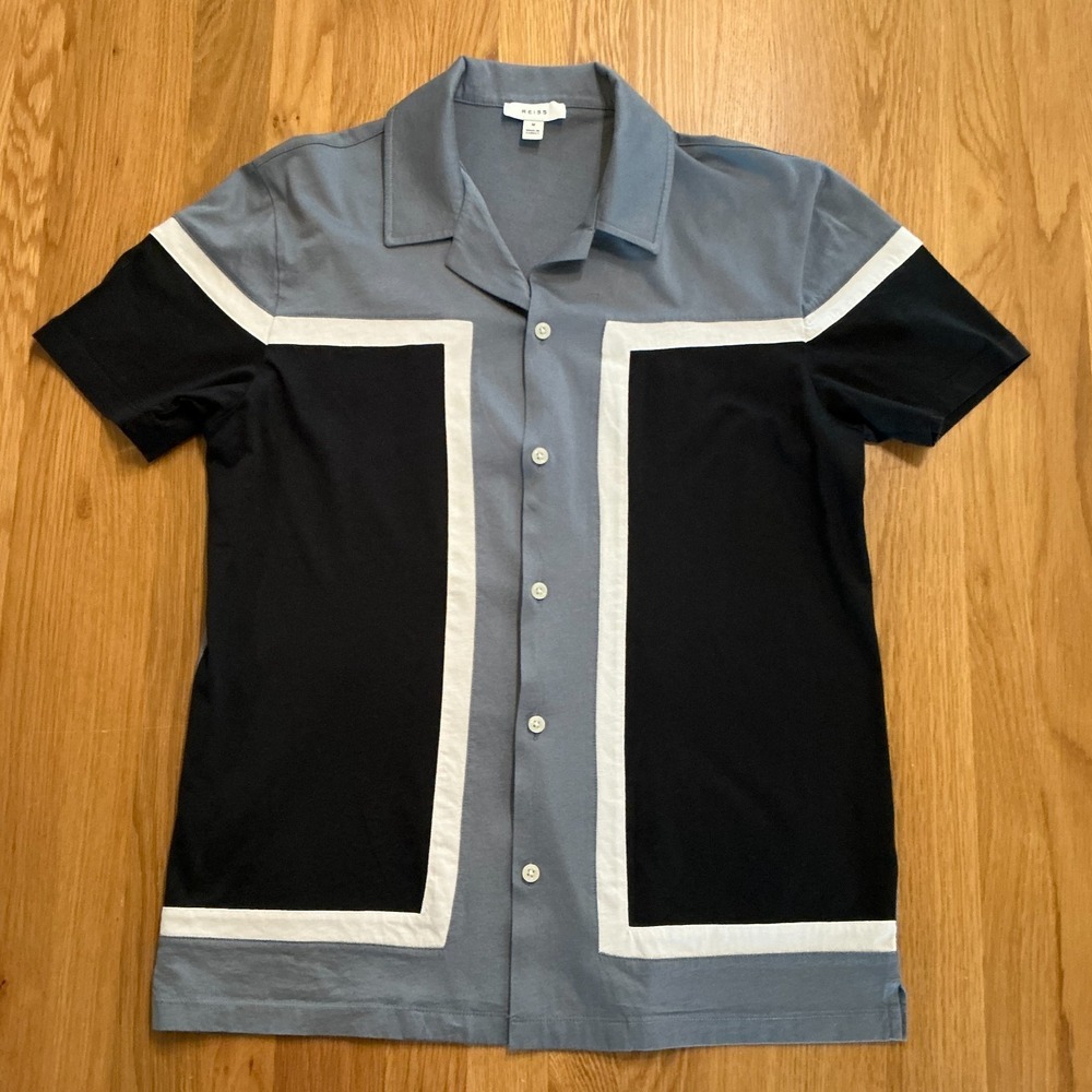 Reiss Noble Shirt Mens M Gray Black Colorblock Cuban Collar Mercerised Cotton